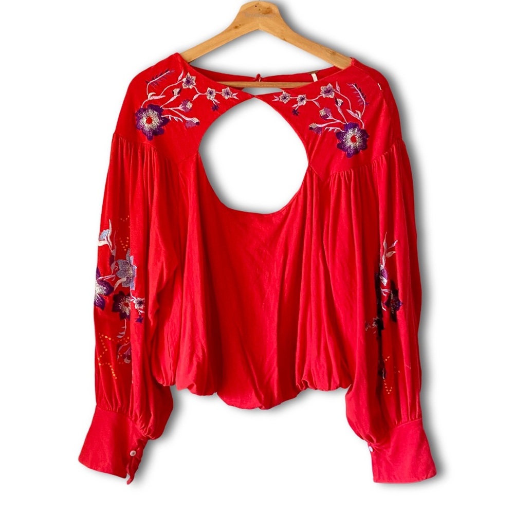 FREE PEOPLE Lita Floral Embroidered Red Cut-Out Top-Med
